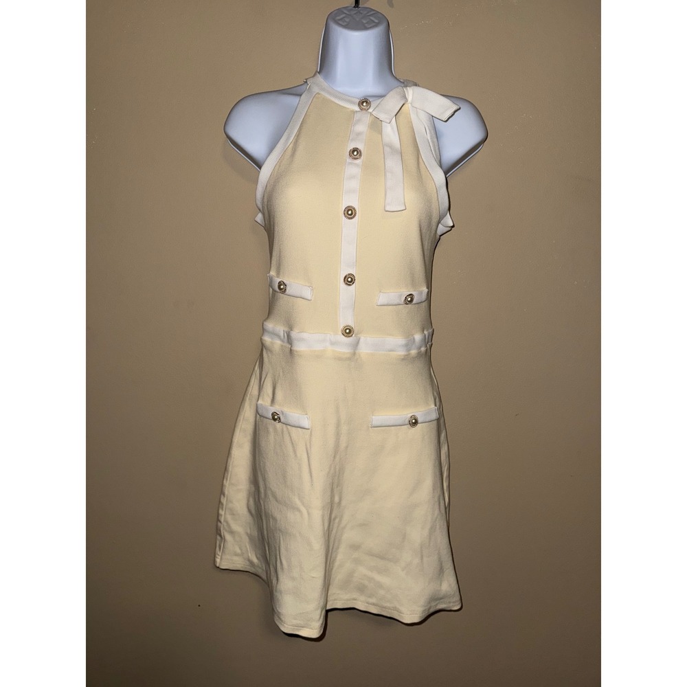 Yellow Ribbed Halter Mini Dress White Trim Pearl Buttons M Preppy‎ Old money